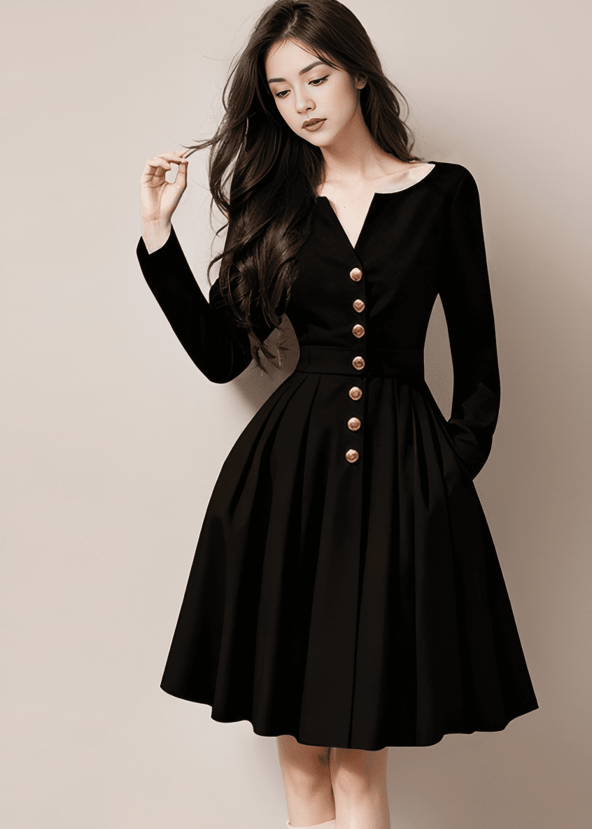 ゴールドボタンVネックフレアワンピース - Vera Lumina