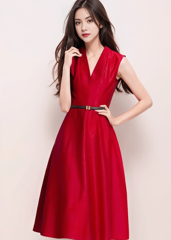 Vネックベルテッドフレアドレス - Vera Lumina