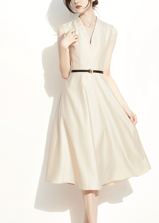 Vネックベルテッドフレアドレス - Vera Lumina