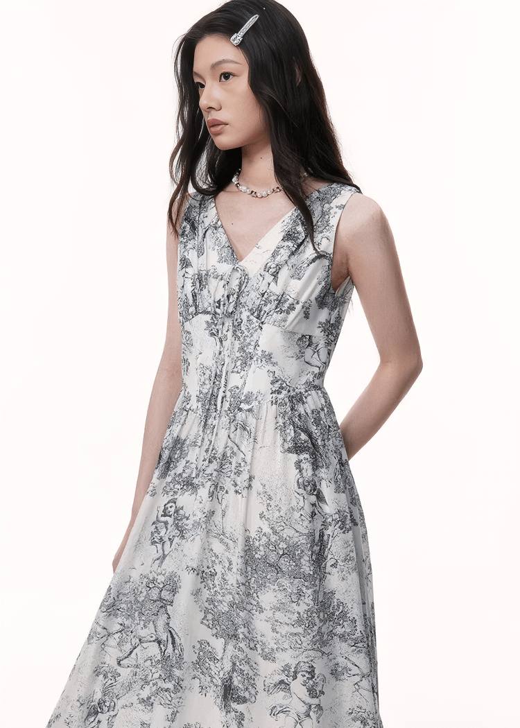 トワルドジュイVネックフレアミディドレス - Vera Lumina