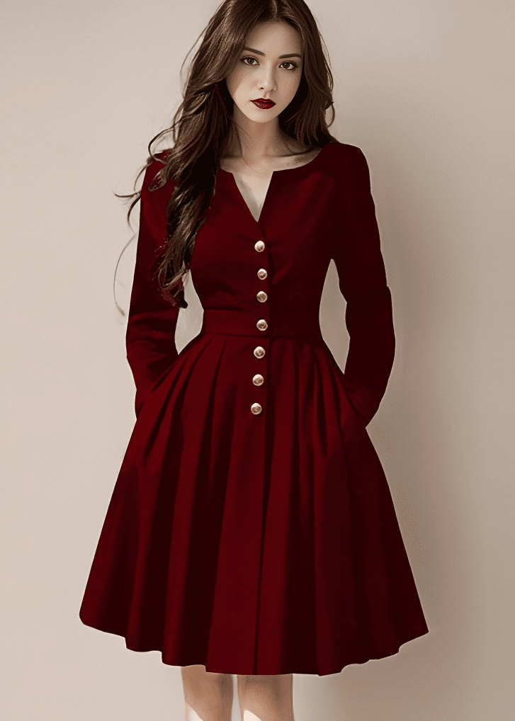 ゴールドボタンVネックフレアワンピース - Vera Lumina