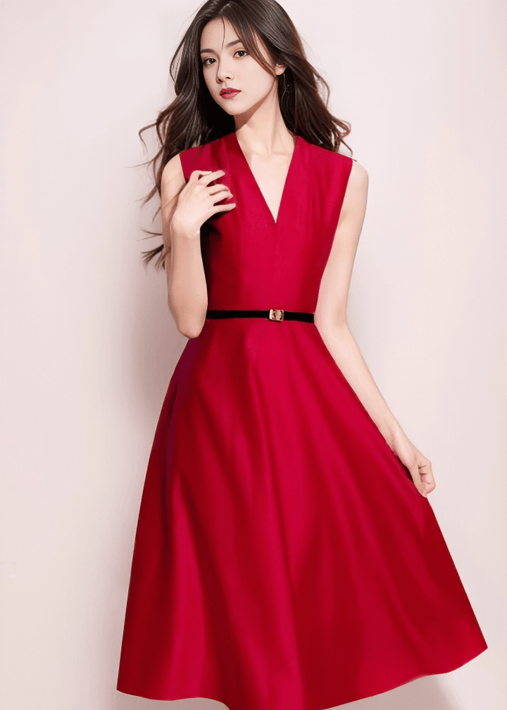 Vネックベルテッドフレアドレス - Vera Lumina