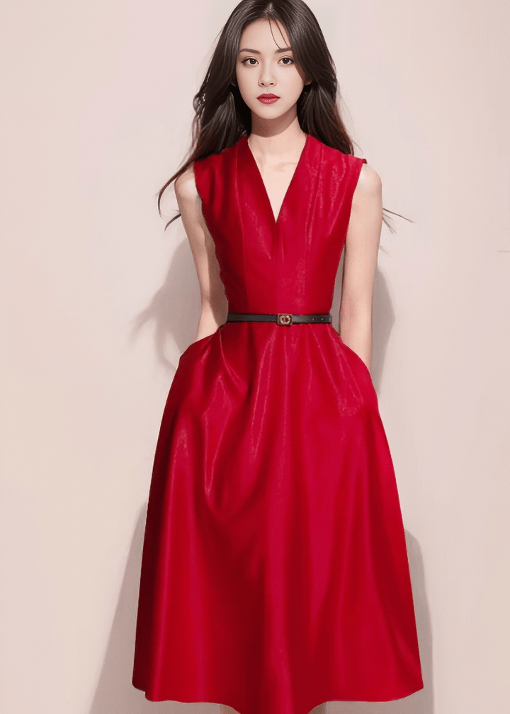 Vネックベルテッドフレアドレス - Vera Lumina