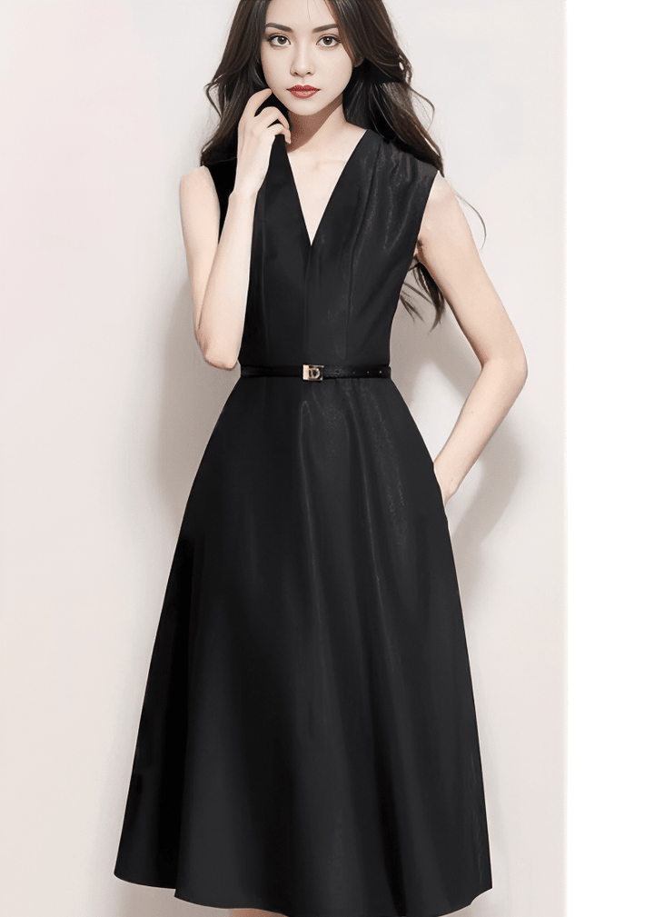 Vネックベルテッドフレアドレス - Vera Lumina