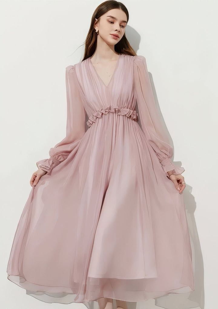 V - Neck Chiffon Flare Dress - Vera Lumina