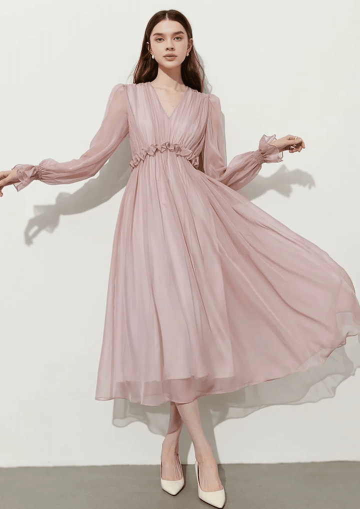 V - Neck Chiffon Flare Dress - Vera Lumina