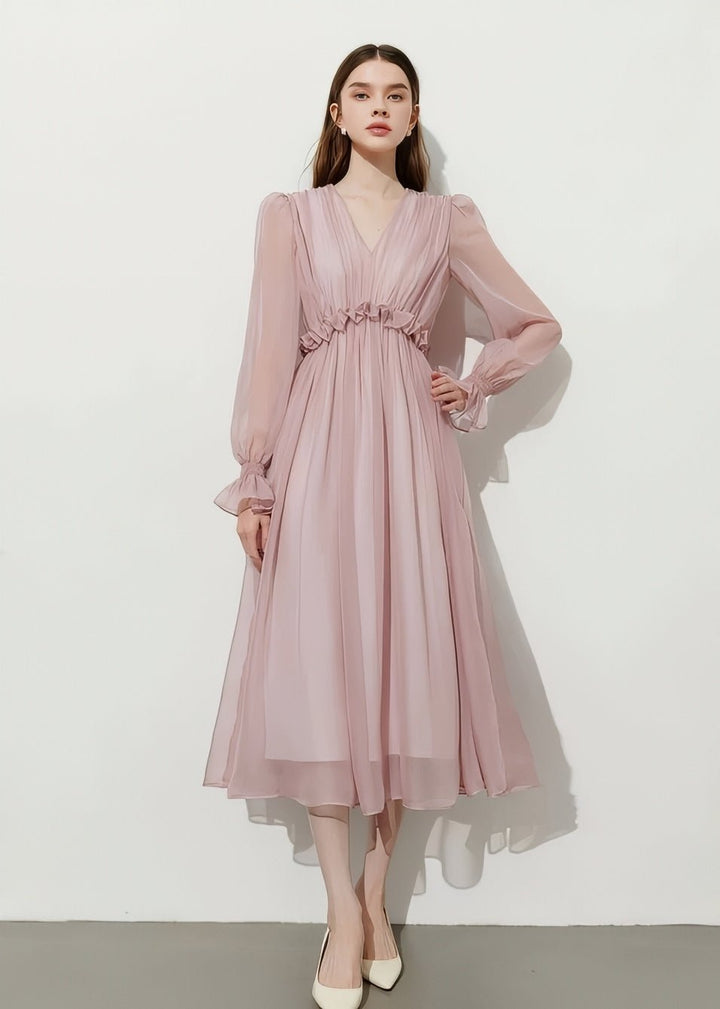 V - Neck Chiffon Flare Dress - Vera Lumina