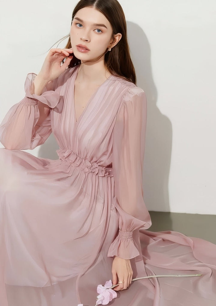 V - Neck Chiffon Flare Dress - Vera Lumina
