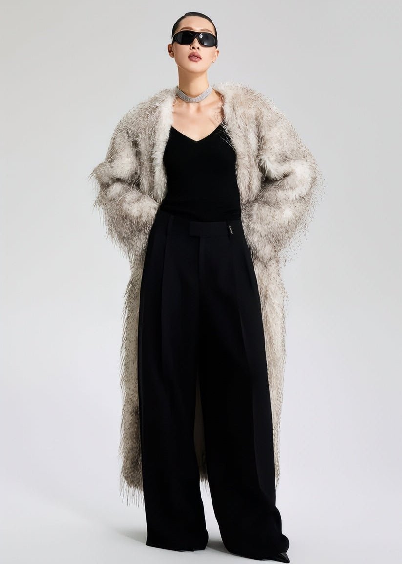 V - Neck faux fur long jacket coat - Vera Lumina