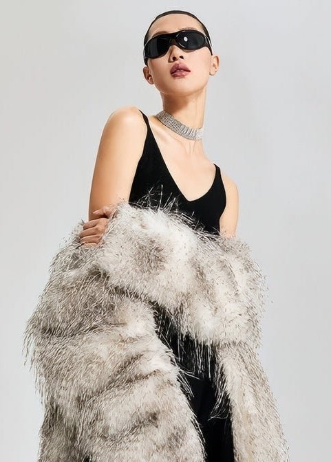 V - Neck faux fur long jacket coat - Vera Lumina