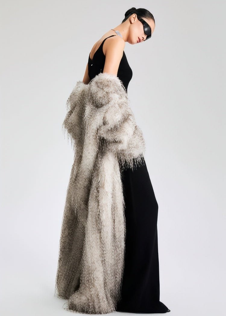 V - Neck faux fur long jacket coat - Vera Lumina