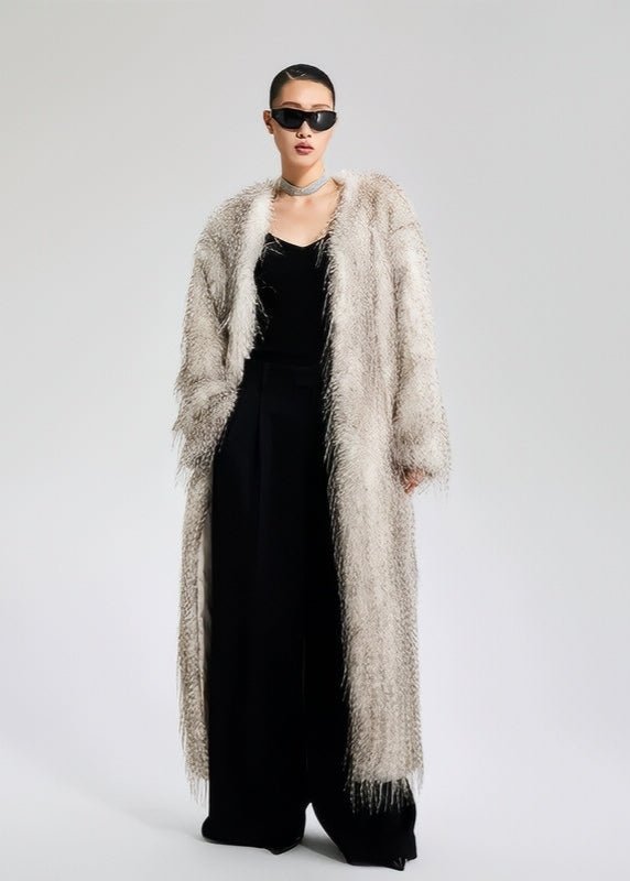 V - Neck faux fur long jacket coat - Vera Lumina