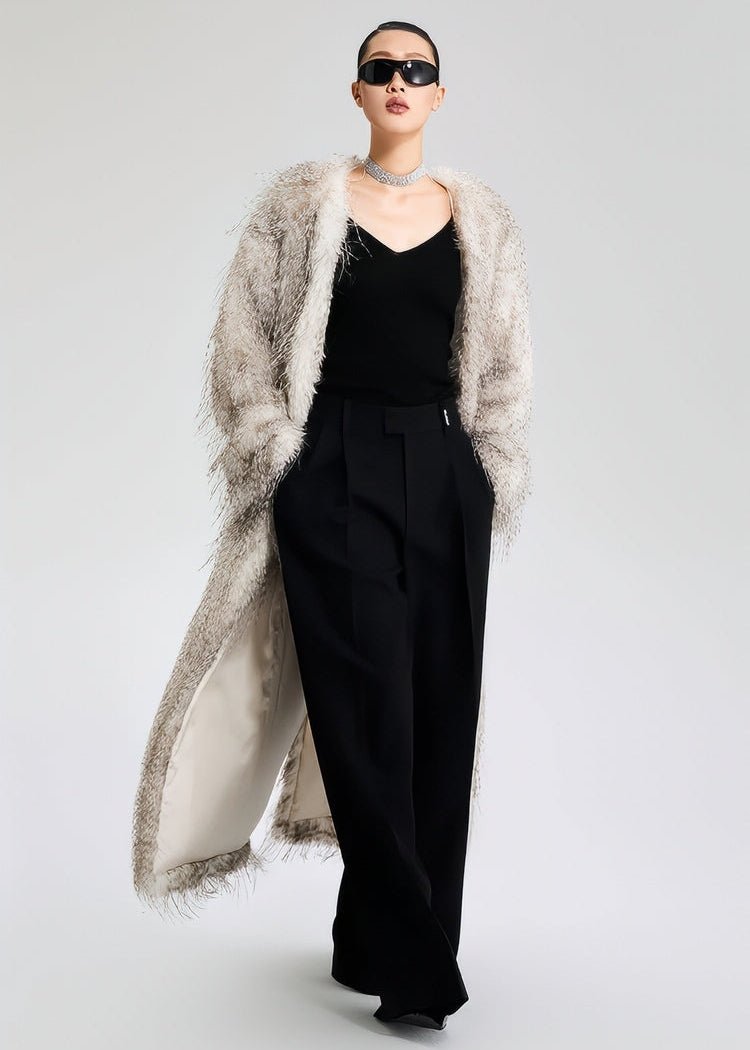 V - Neck faux fur long jacket coat - Vera Lumina