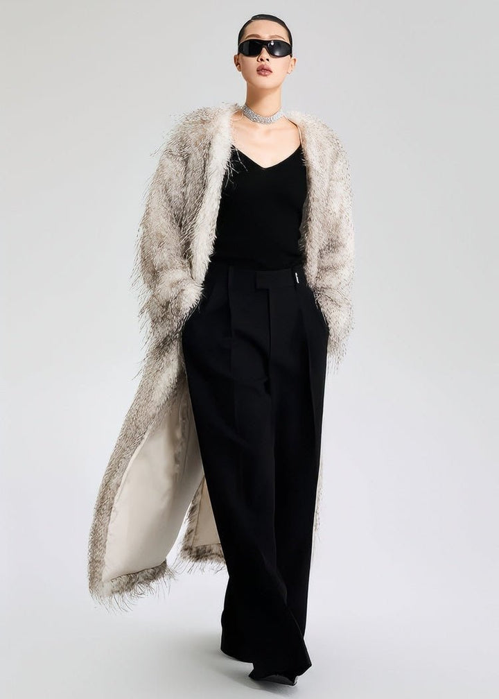 V - Neck faux fur long jacket coat - Vera Lumina