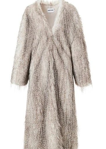 V - Neck faux fur long jacket coat - Vera Lumina