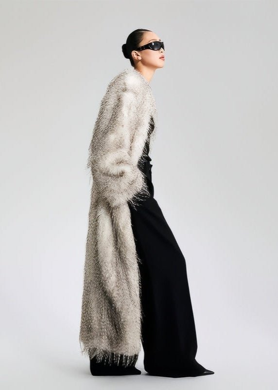 V - Neck faux fur long jacket coat - Vera Lumina