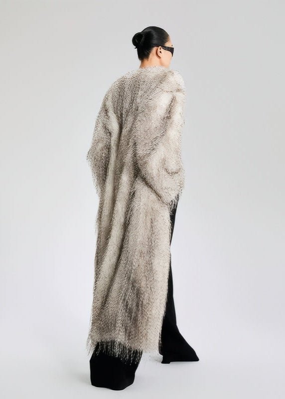 V - Neck faux fur long jacket coat - Vera Lumina