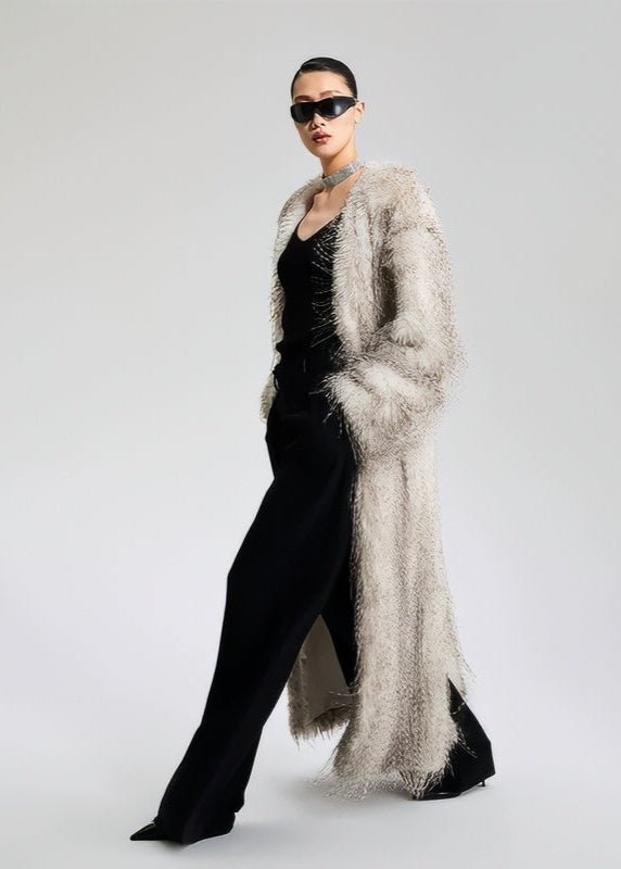 V - Neck faux fur long jacket coat - Vera Lumina