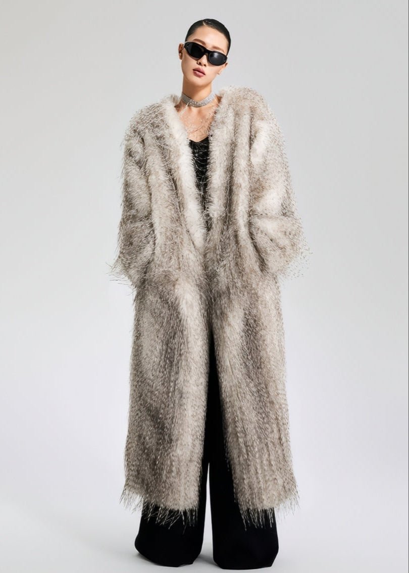 V - Neck faux fur long jacket coat - Vera Lumina
