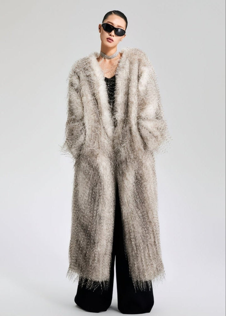 V - Neck faux fur long jacket coat - Vera Lumina
