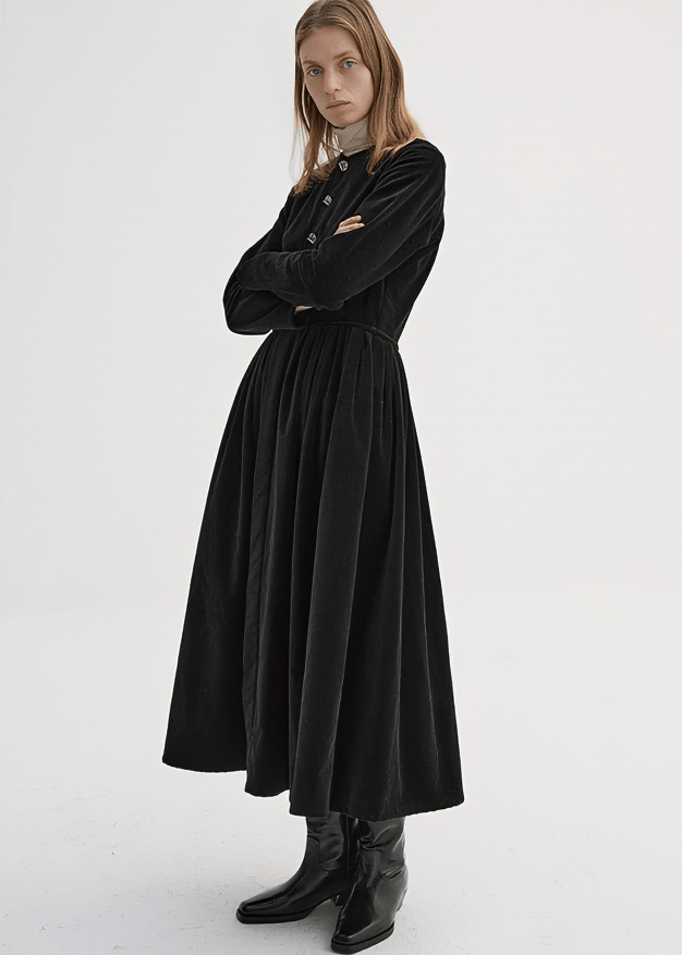 VELVET BUTTON FRONT MIDI DRESS - Vera Lumina
