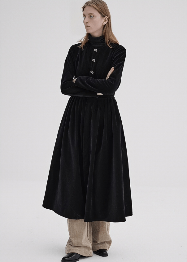 VELVET BUTTON FRONT MIDI DRESS - Vera Lumina