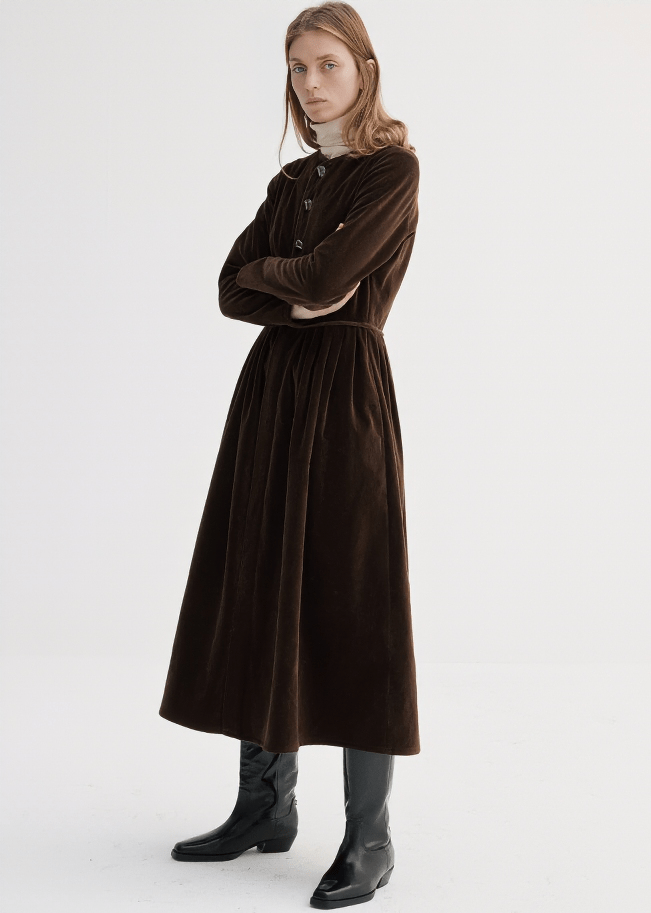 VELVET BUTTON FRONT MIDI DRESS - Vera Lumina