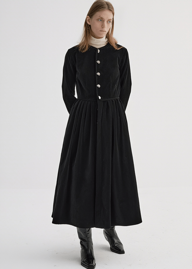 VELVET BUTTON FRONT MIDI DRESS - Vera Lumina