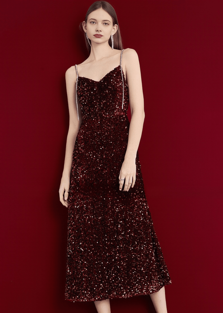 VELVET SEQUIN SWEETHEART MIDI DRESS - Vera Lumina