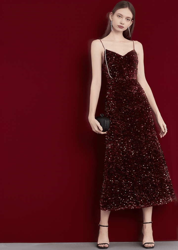 VELVET SEQUIN SWEETHEART MIDI DRESS - Vera Lumina