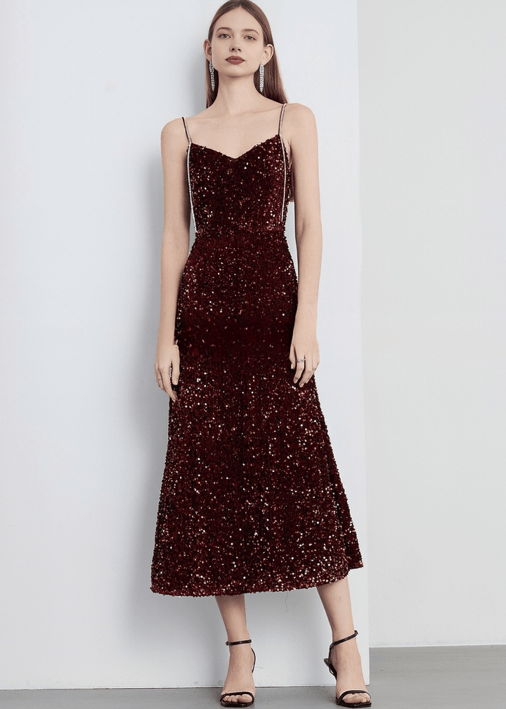 VELVET SEQUIN SWEETHEART MIDI DRESS - Vera Lumina