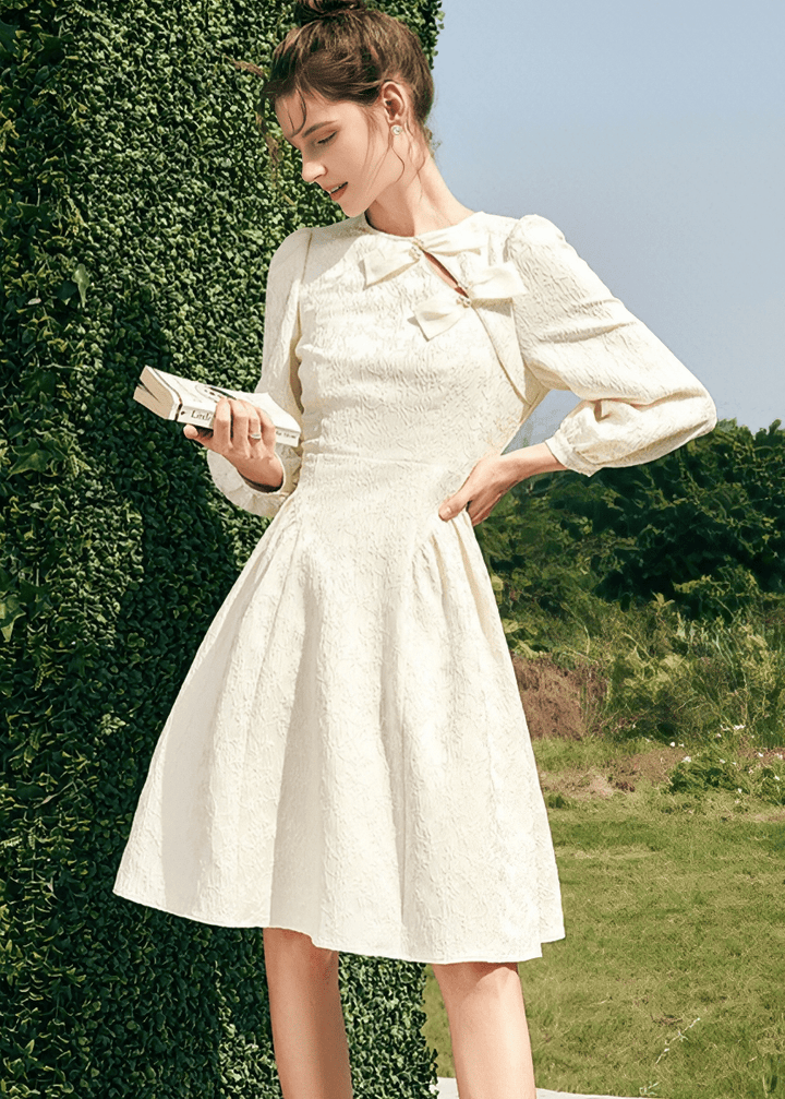 VENETIAN BOW TEXTURED MIDI DRESS - Vera Lumina