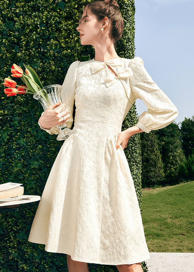 VENETIAN BOW TEXTURED MIDI DRESS - Vera Lumina