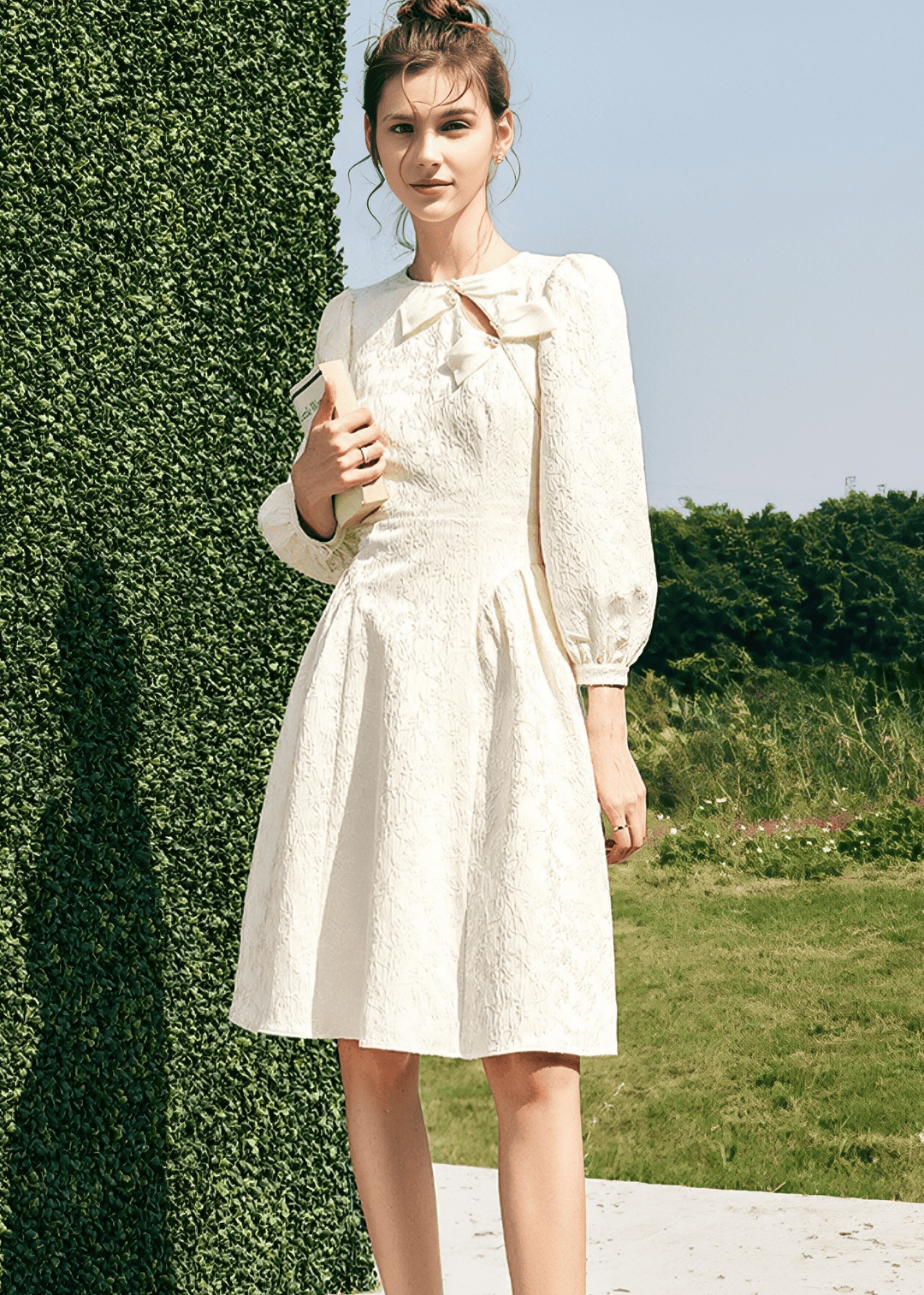 VENETIAN BOW TEXTURED MIDI DRESS - Vera Lumina