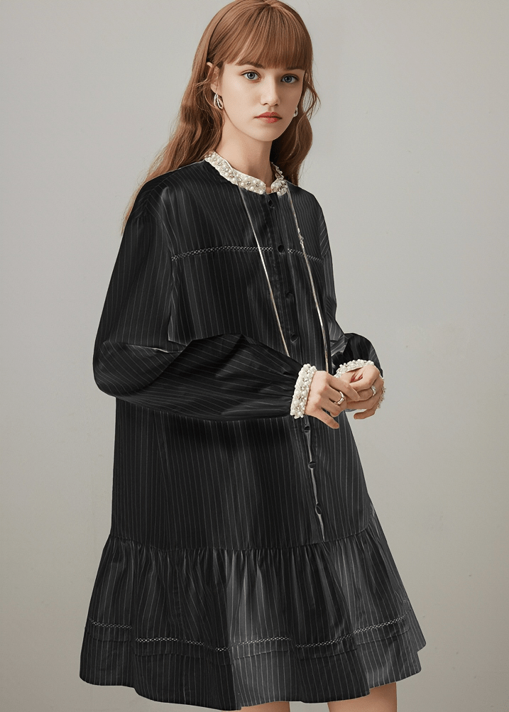 VICTORIAN LACE COLLAR PINSTRIPE DRESS - Vera Lumina