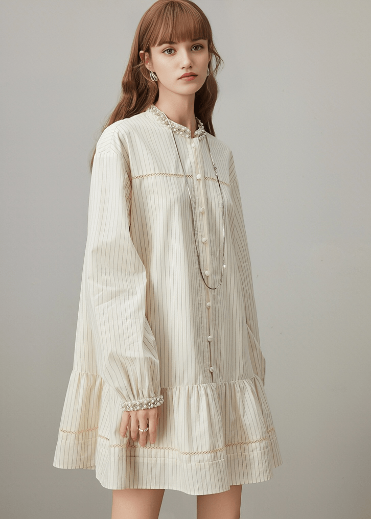 VICTORIAN LACE COLLAR PINSTRIPE DRESS - Vera Lumina