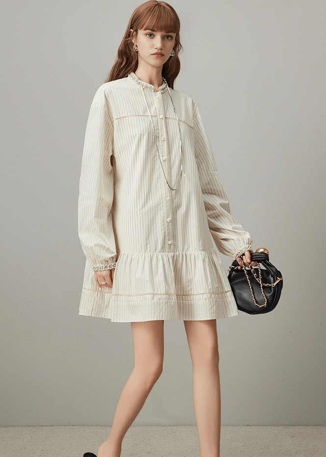 VICTORIAN LACE COLLAR PINSTRIPE DRESS - Vera Lumina