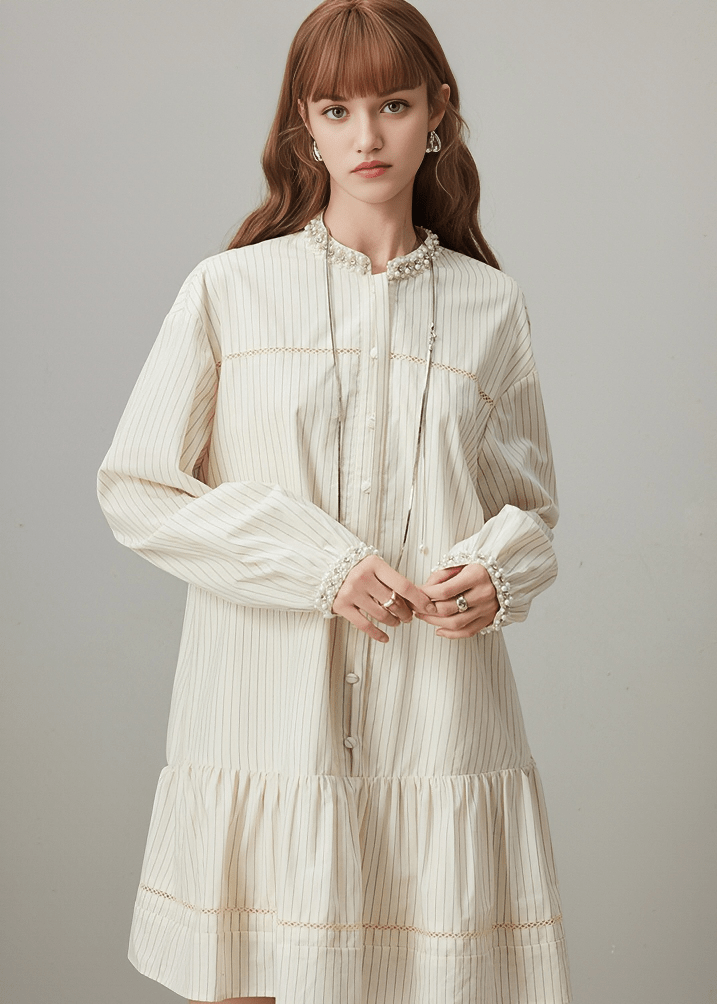VICTORIAN LACE COLLAR PINSTRIPE DRESS - Vera Lumina