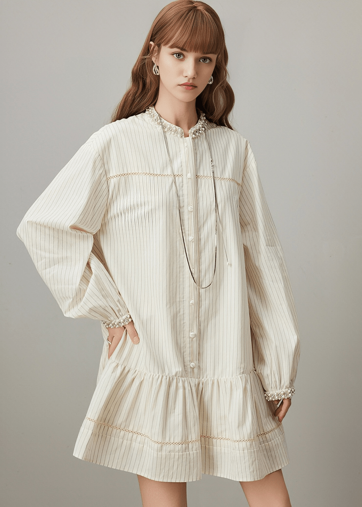 VICTORIAN LACE COLLAR PINSTRIPE DRESS - Vera Lumina