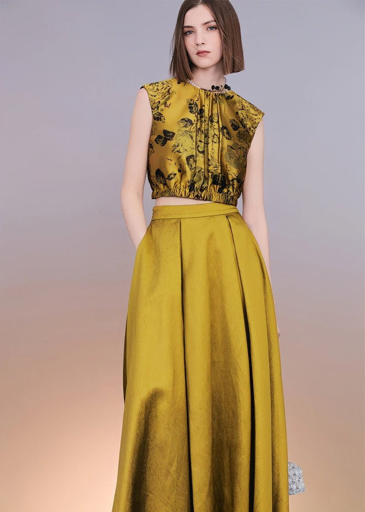 Vintage gold jacquard sleeveless top & maxi skirt - Vera Lumina