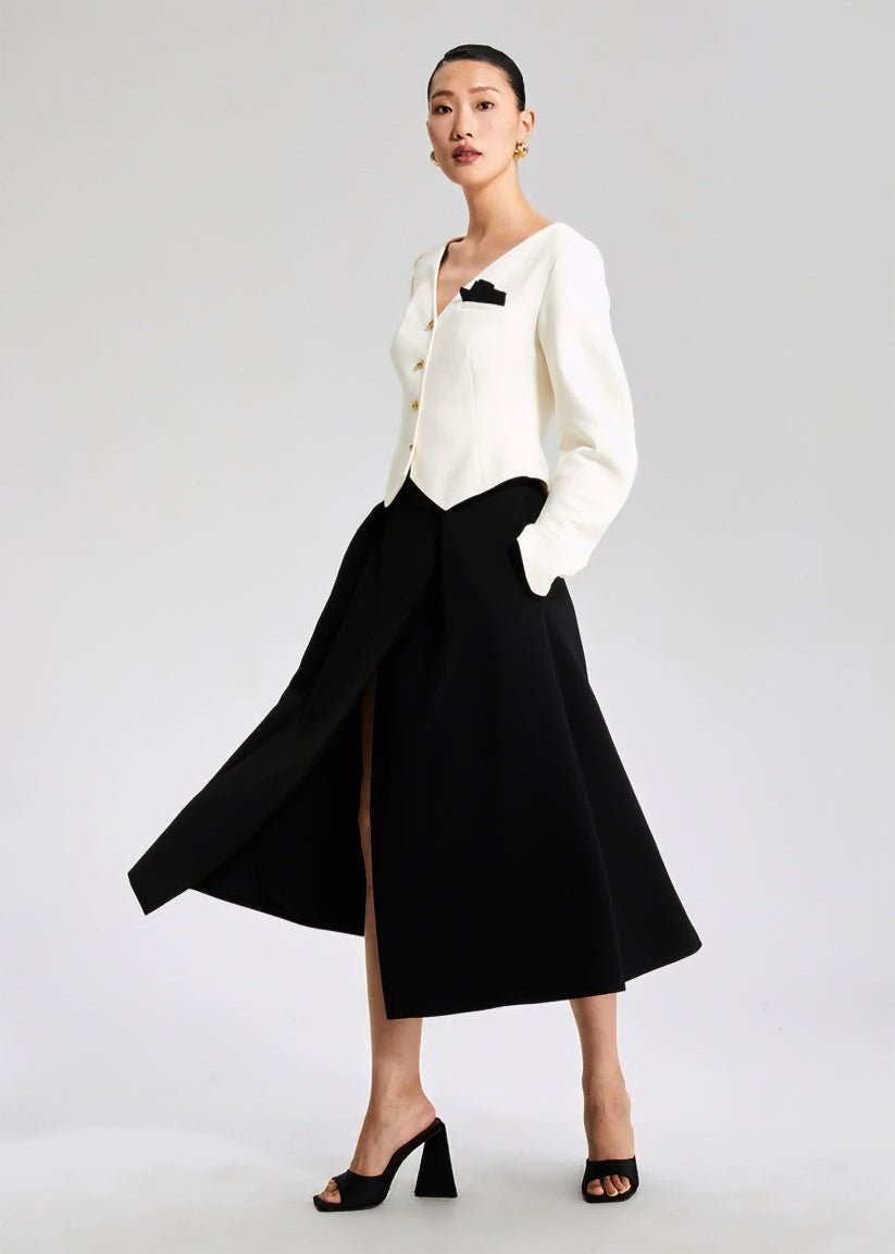 W Black pleated slit Skirt - Vera Lumina