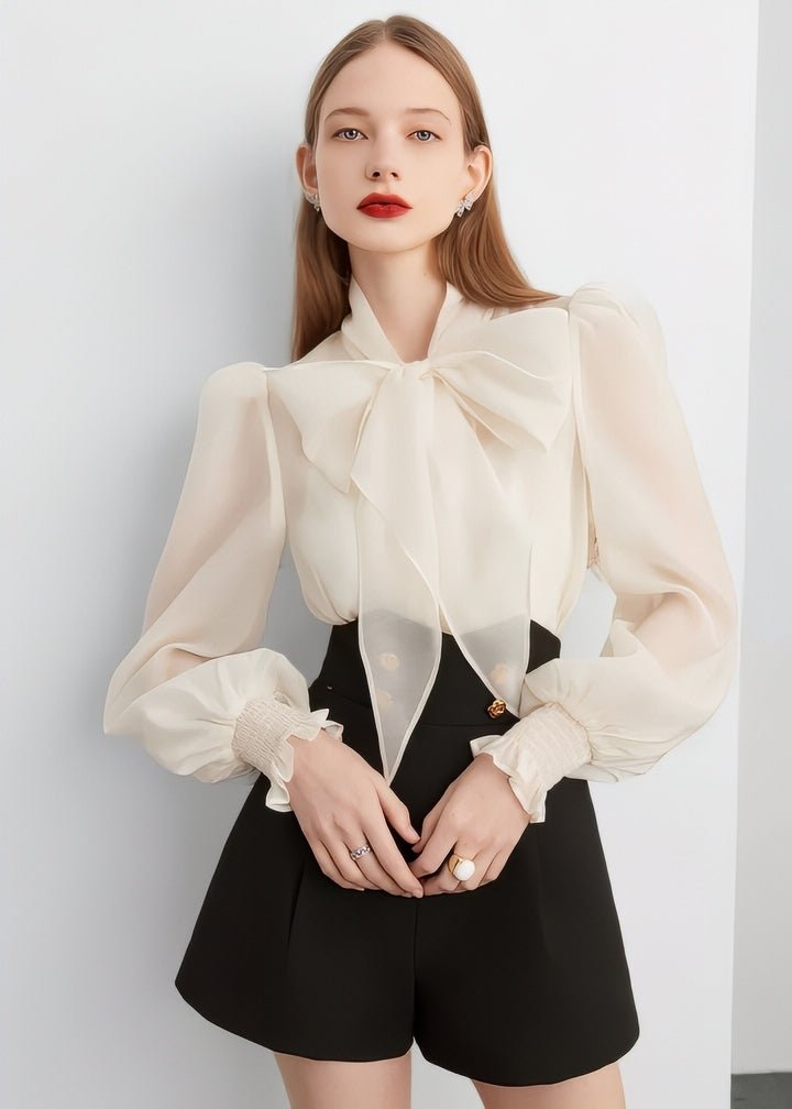 White Ribbon Sheer Blouse - Vera Lumina