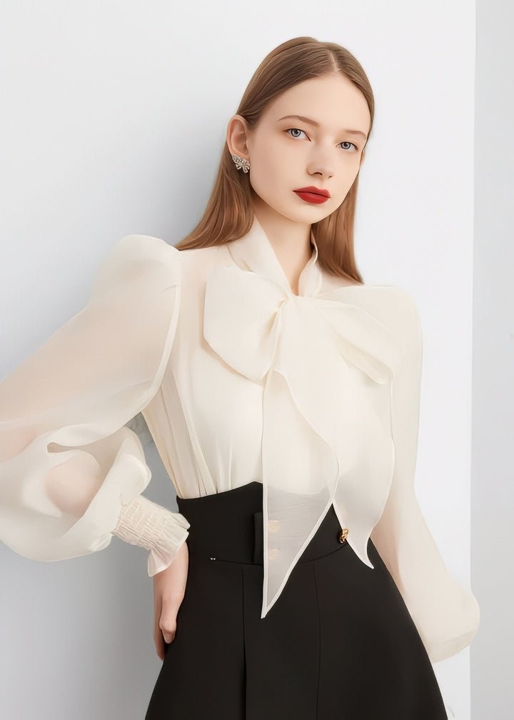 White Ribbon Sheer Blouse - Vera Lumina