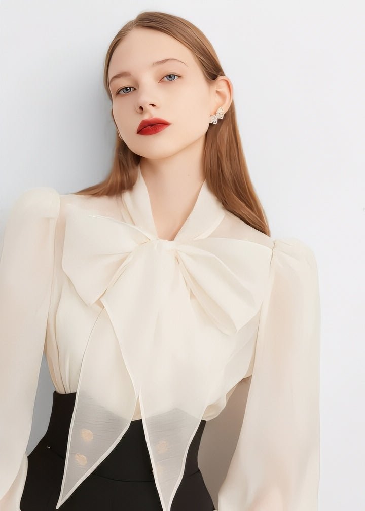 White Ribbon Sheer Blouse - Vera Lumina