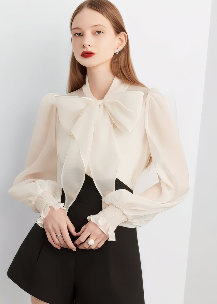 épine double ribbon frill blouse white White Ribbon Sheer Blouse