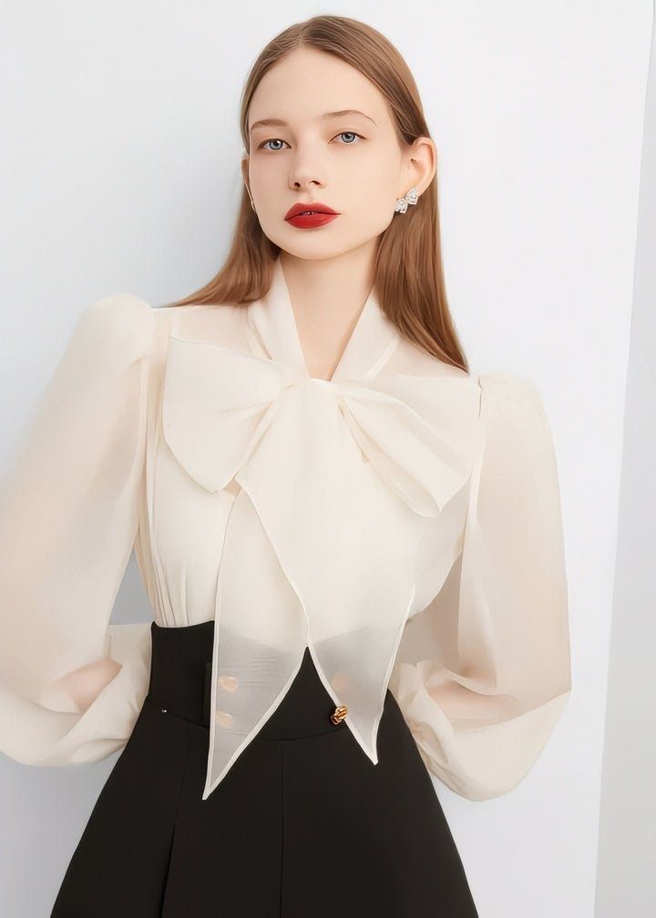 White Ribbon Sheer Blouse - Vera Lumina