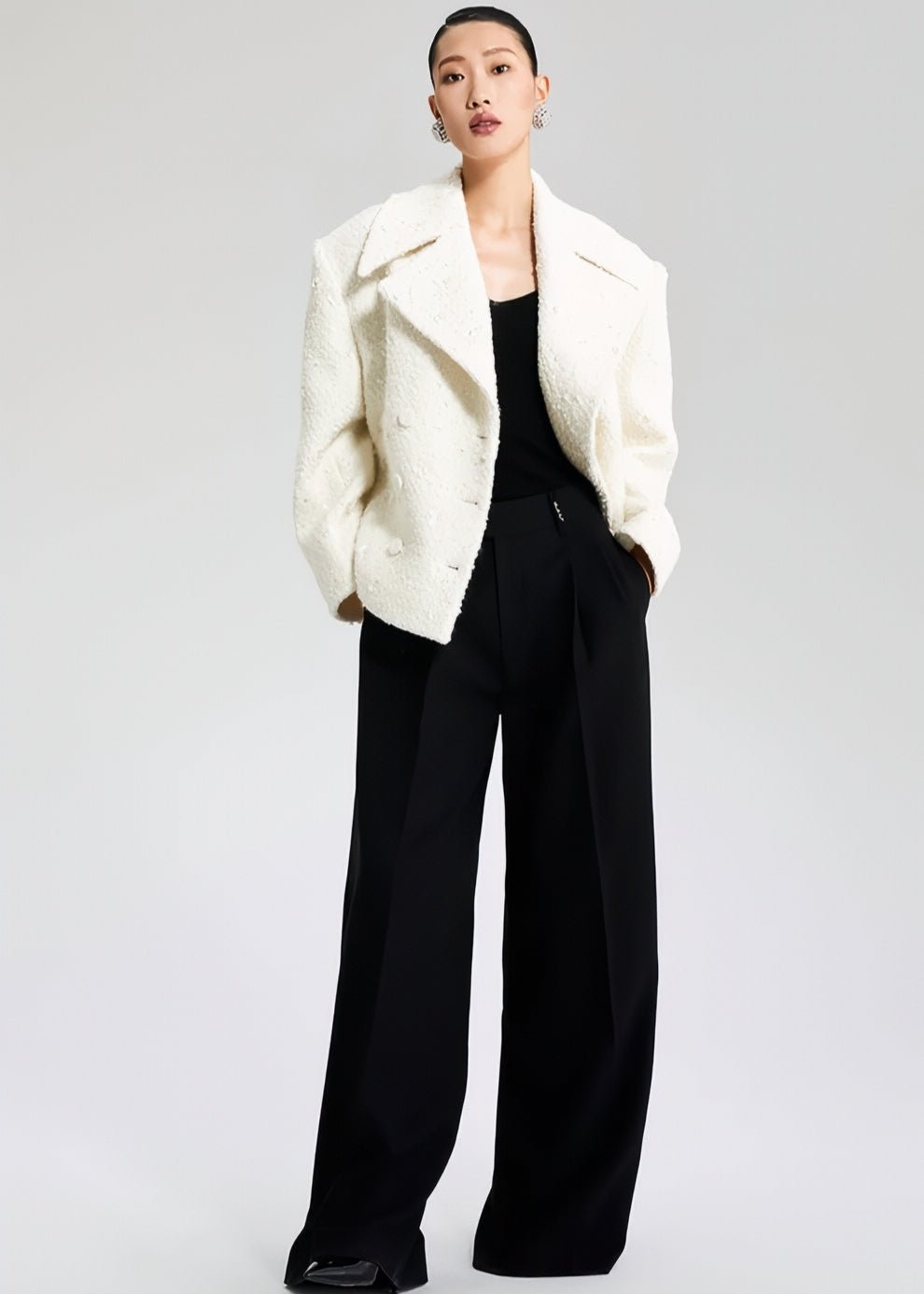 WHITE WOOLEN TOP DOUBLE - ROW LOOSE SUIT JACKET - Vera Lumina