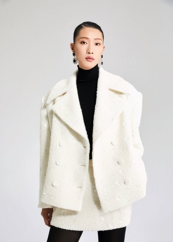 WHITE WOOLEN TOP DOUBLE - ROW LOOSE SUIT JACKET - Vera Lumina