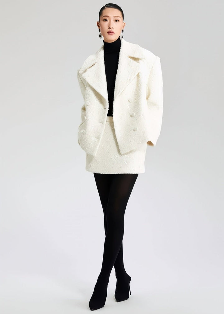 WHITE WOOLEN TOP DOUBLE - ROW LOOSE SUIT JACKET - Vera Lumina