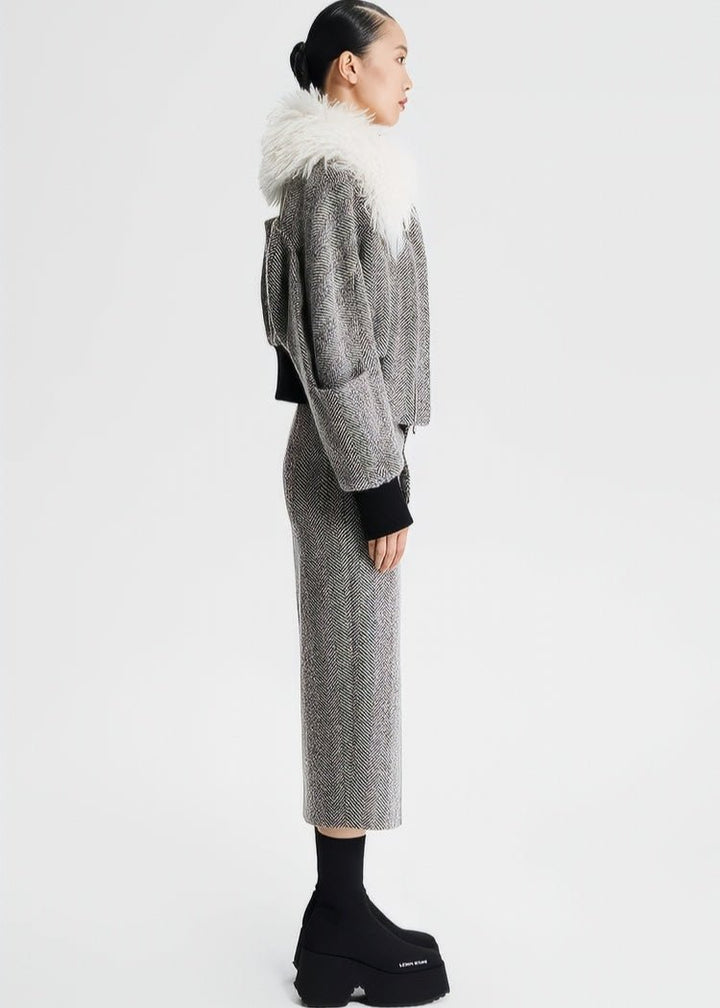 wool fur collar tweed cropped jacket - Vera Lumina